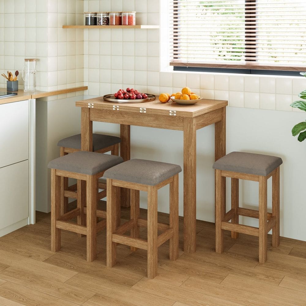 Conjunto Mesa Dobrável com 4 Bancos para Sala de Jantar Inovata/ Freijó