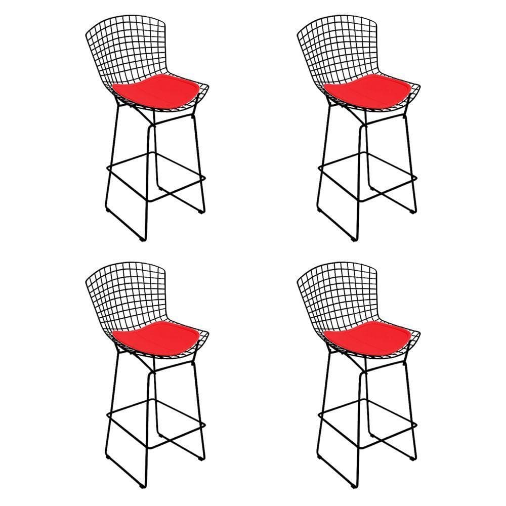 Kit 4 Banquetas Bistrô Bertoia Preta D70 Com Assento Vermelho