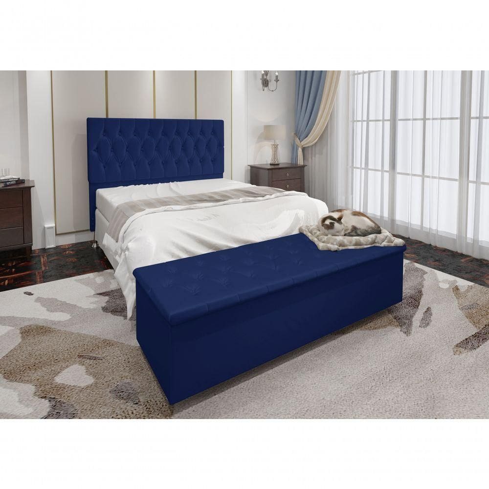 Cabeceira Casal E Recamier Baú 1,95m Madrid Suede Azul