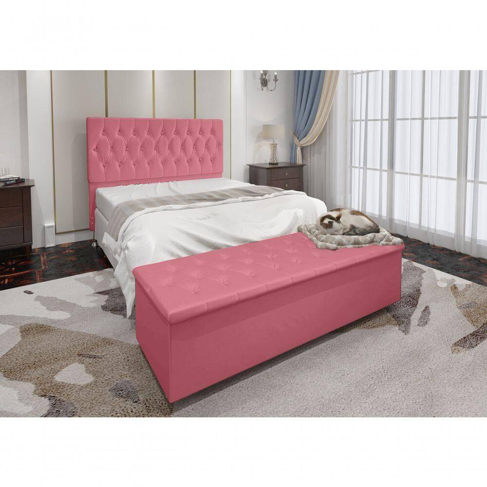 Cabeceira Casal E Recamier Baú 1,95m Madrid Suede Rosa