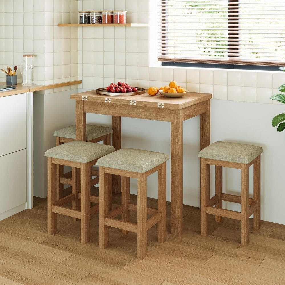 Conjunto Mesa Dobrável com 4 Bancos para Sala de Jantar Inovata/Palha