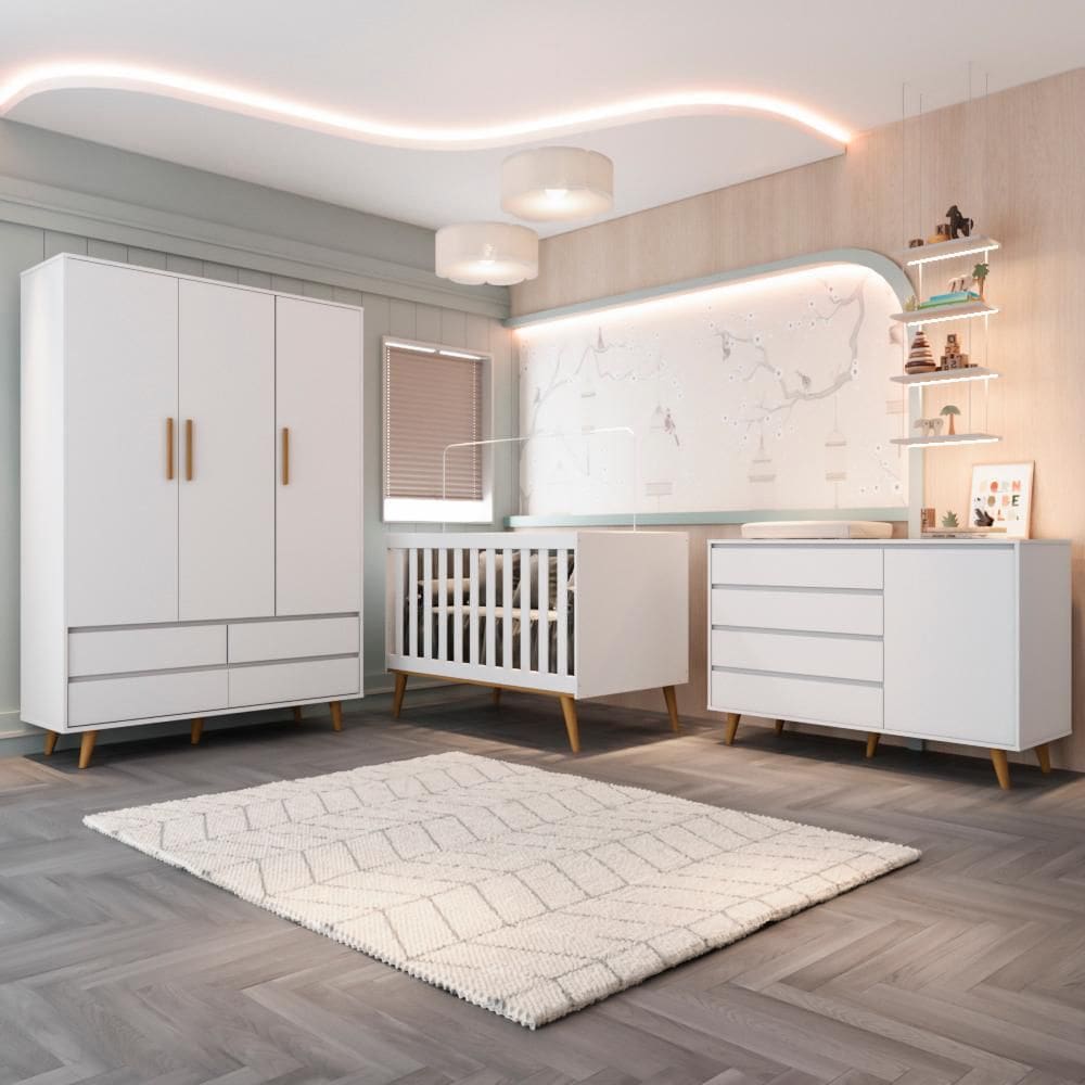 Quarto Bebê Retrô Completo Lorena Berço Americano 3Em1 Cômoda Infantil Guarda Roupa 3 Portas 100% MDF