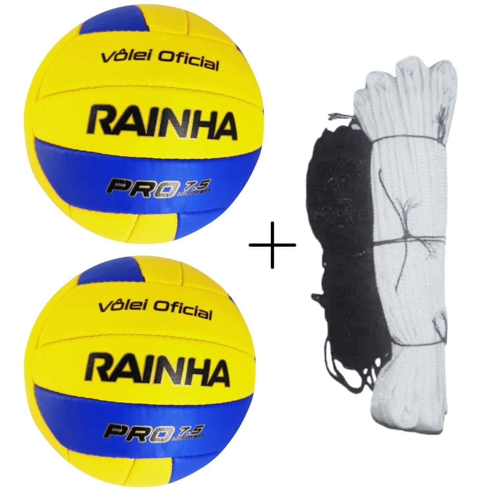 Kit 02 Bola De Vôlei Rainha Oficial PRO 7.5+Rede Vôlei Master Rede Seda 5M 1Faixa Sintética