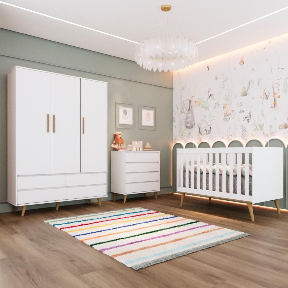 Quarto Bebê Completo Berço Americano 3Em1 Cômoda Infantil Guarda Roupa 3 Portas 100% MDF