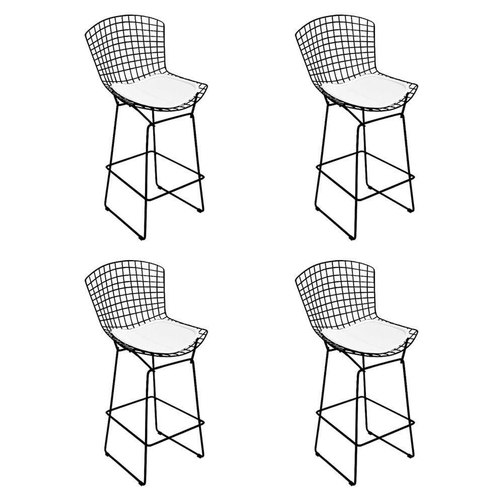 Kit 4 Banquetas Bistrô Bertoia Preta D60 Com Assento Branco