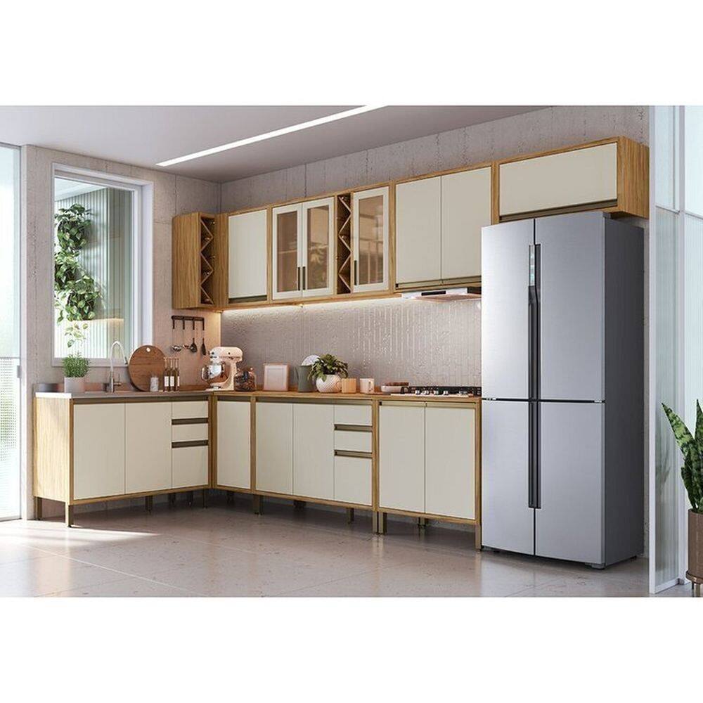 Cozinha Modulada Completa 8 Peças 14 Portas com Tampo 100% Mdf 378cm Barbados Espresso Móveis Amêndoa/Off White