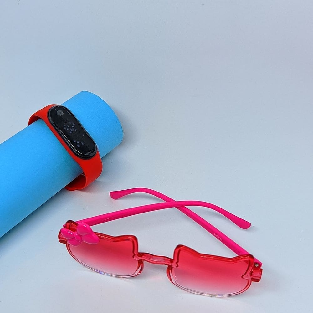 Kit Relógio Digital Bracelete Silicone ajustável Menina + Óculos de Sol Gatinho Hello Kitty com Laço Protenção Uv400