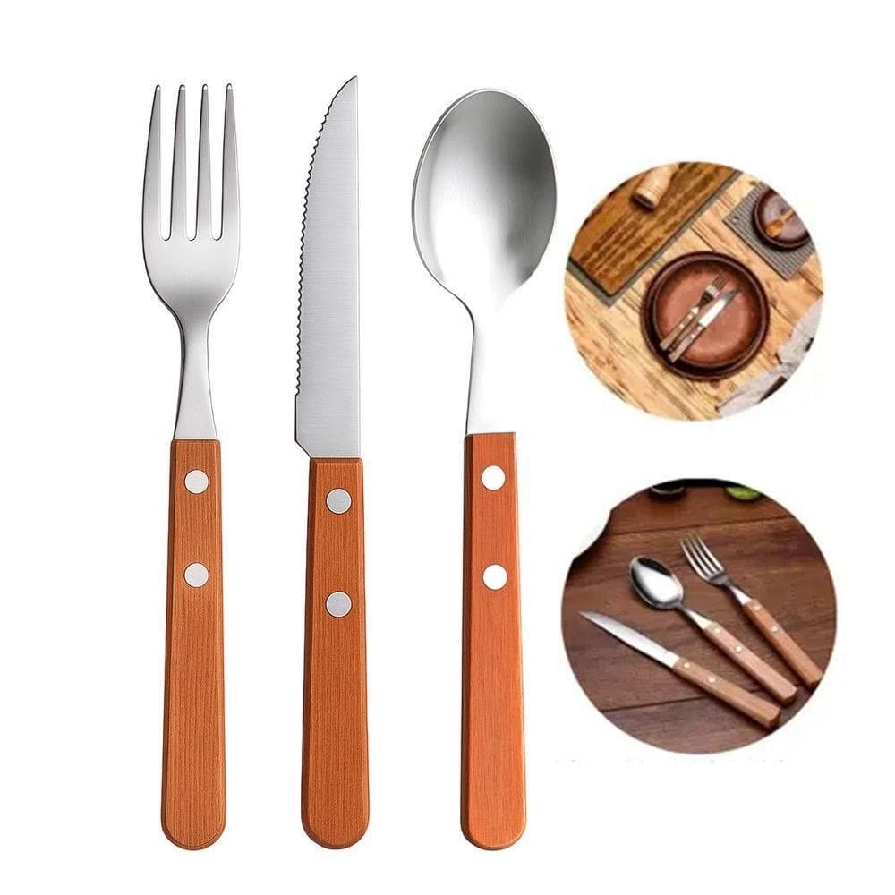 Jogo 6 Garfos 6 Colheres E 6 Facas Cabo De Madeira Churrasco Astana 20cm Em Casa Tem