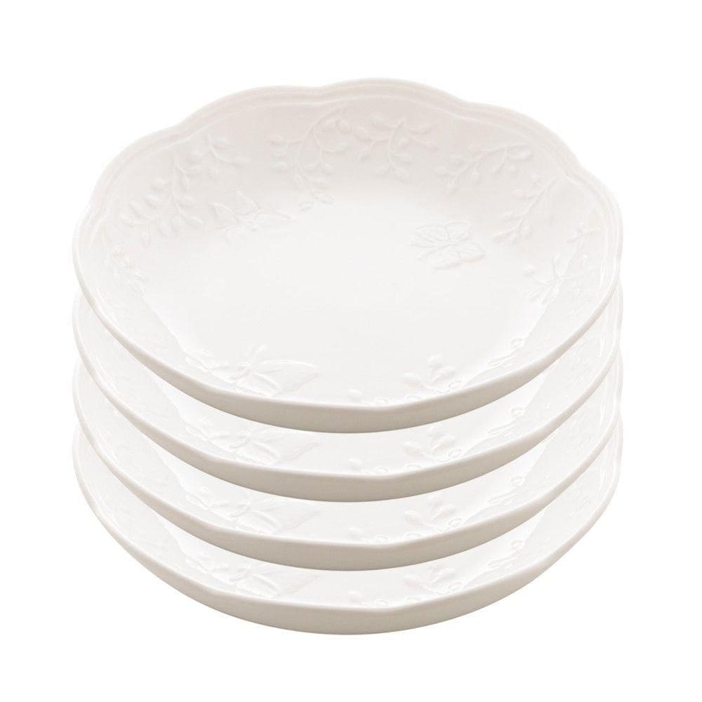 Jogo 4 Prato Fundo Branco De Porcelana New Bone Butterfly Flower Flores 21cm Lyor