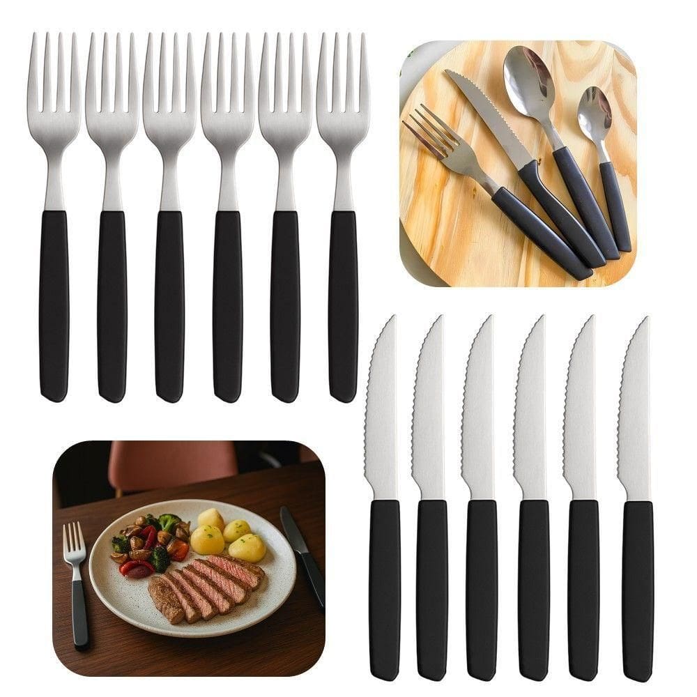Faqueiro 24 Peças 12 Garfos 12 Facas Cabo Preto De Plástico Berlin Em Casa Tem