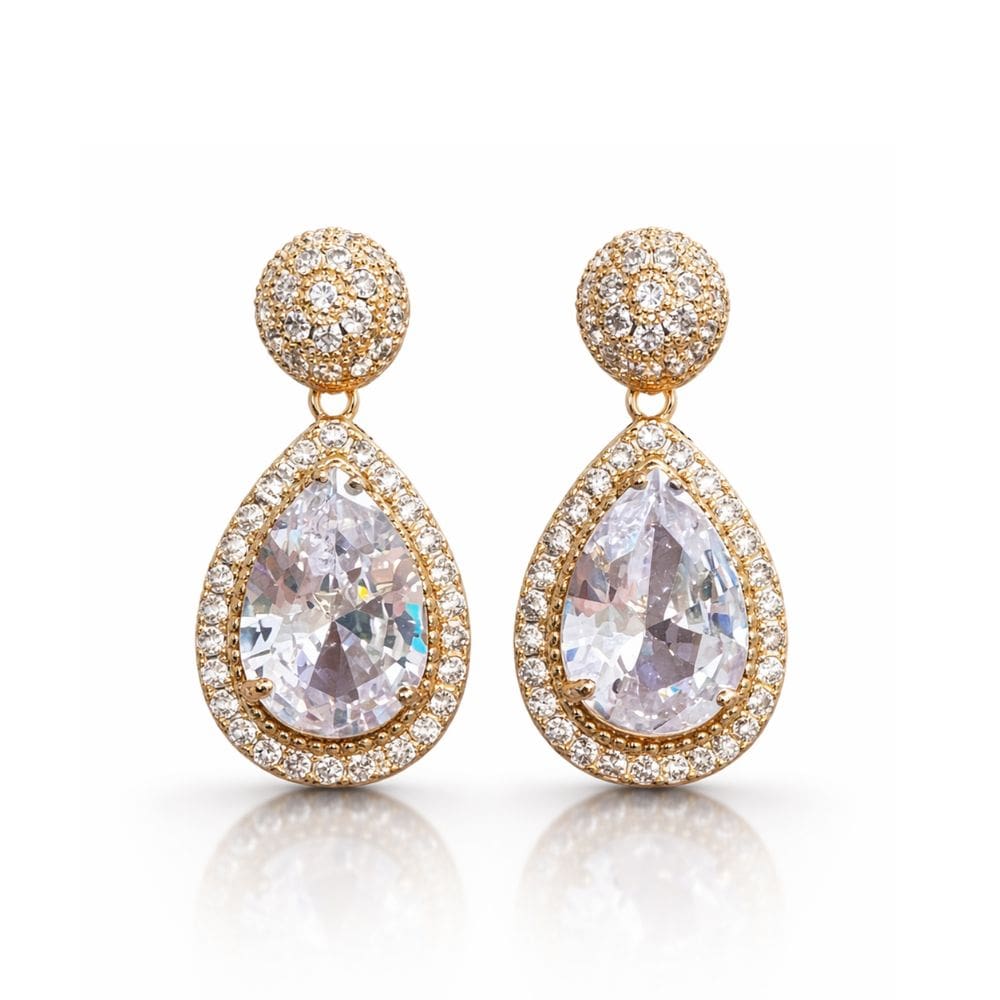 Brinco Gota Zircônia Cristal Luxo Banhado a Ouro