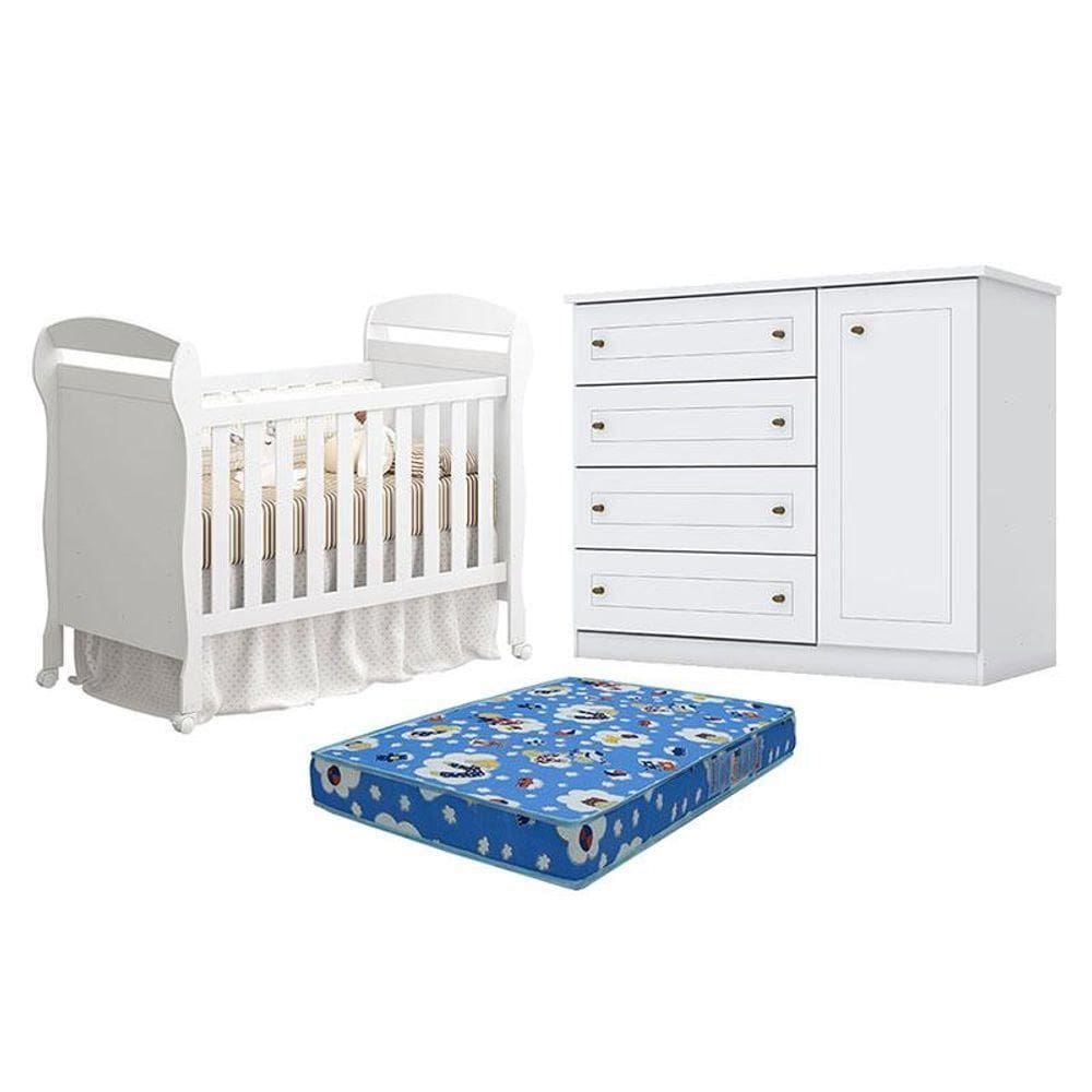 Berço Americano Danny Branco Acetinado Reller Cômoda  Americano Branco Colchão Ortobom Henn.