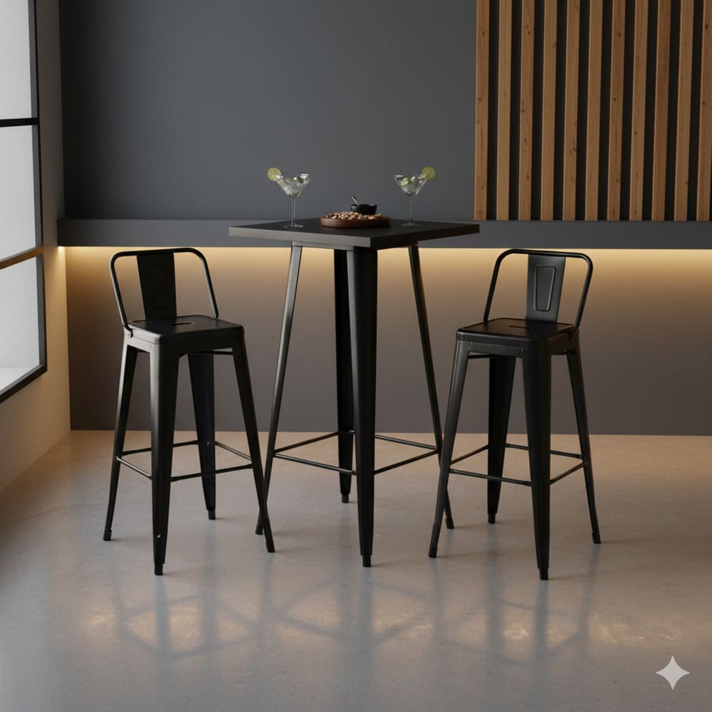 Kit Mesa Bistro Tolix + 2 Banquetas Tolix Alta Com Encosto Pretas