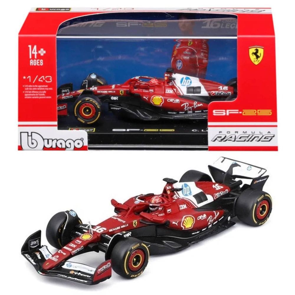 Miniatura Bburago Ferrari SFR Team Race Car SF-25 F1 2025 Charles Leclerc 16 1/43 c/ Piloto