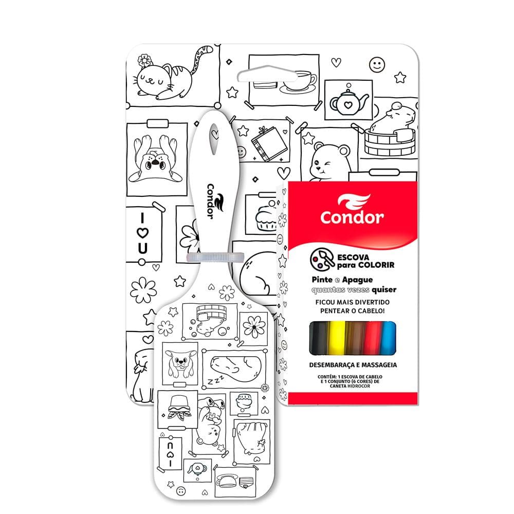 Kit 1 Escova para Cabelo Condor Raquete + 6 Canetas Hidrocor para Colorir