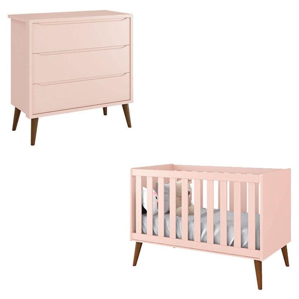 Berço Americano E Cômoda Infantil Gaveteiro Theo Rosa Com Pés Amadeirados - Reller