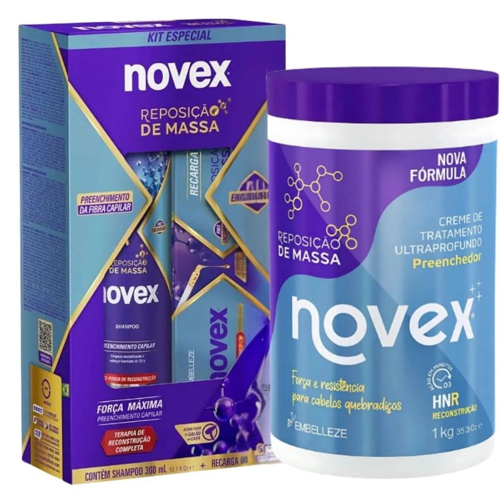 Kit Novex Reposição De Massa: Shampoo 300ml, Recarga Capilar 80g e Creme De Tratamento 1kg