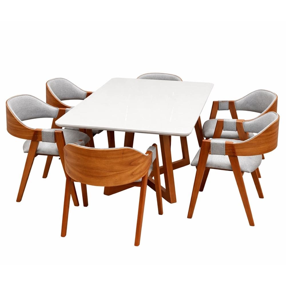 Mesa de Jantar Bali 160x90cm com Vidro e 6 Cadeiras Perola em Linho Madeira Minas Plac Cor Cinamomo Off White com Tecido Cinza