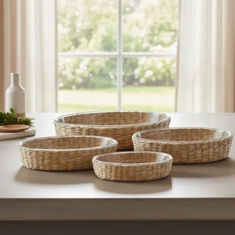 Travessa e Assadeira Refratárias Ovais 4un Vidro com Suporte de Rattan