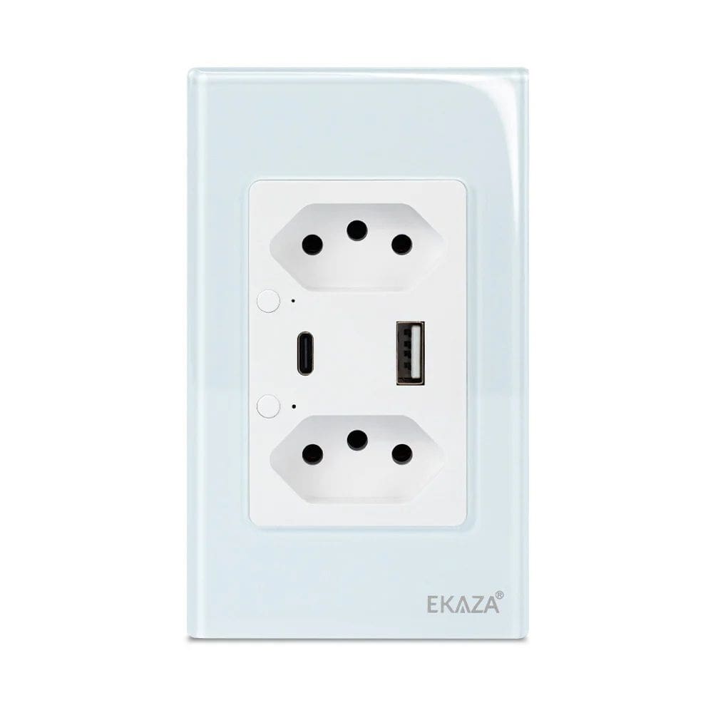 Tomada Dupla com USB-A+USB-C 16A Vidro 2.5D - BRANCA