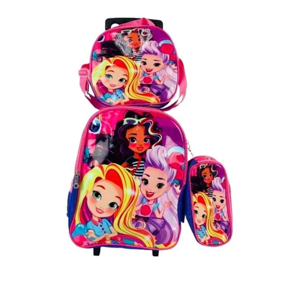 Kit Mochila Infantil Com Rodinhas Princesas Rosa Lancheira Térmica E Estojo Escolar Impermeável