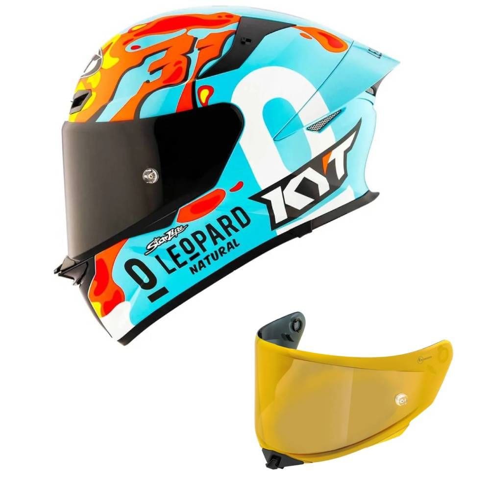 Capacete KYT TT Revo Leopard Aragon Azul e Vermelho Mais Viseira Dourada