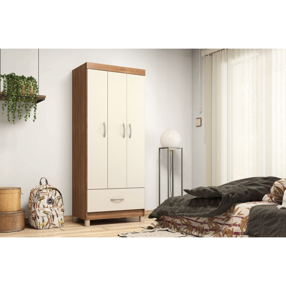 Guarda-Roupa Prince 3 Portas 1 Gaveta em MDP com Cabideiro Amêndola Touch/Off White | Liberty Móveis
