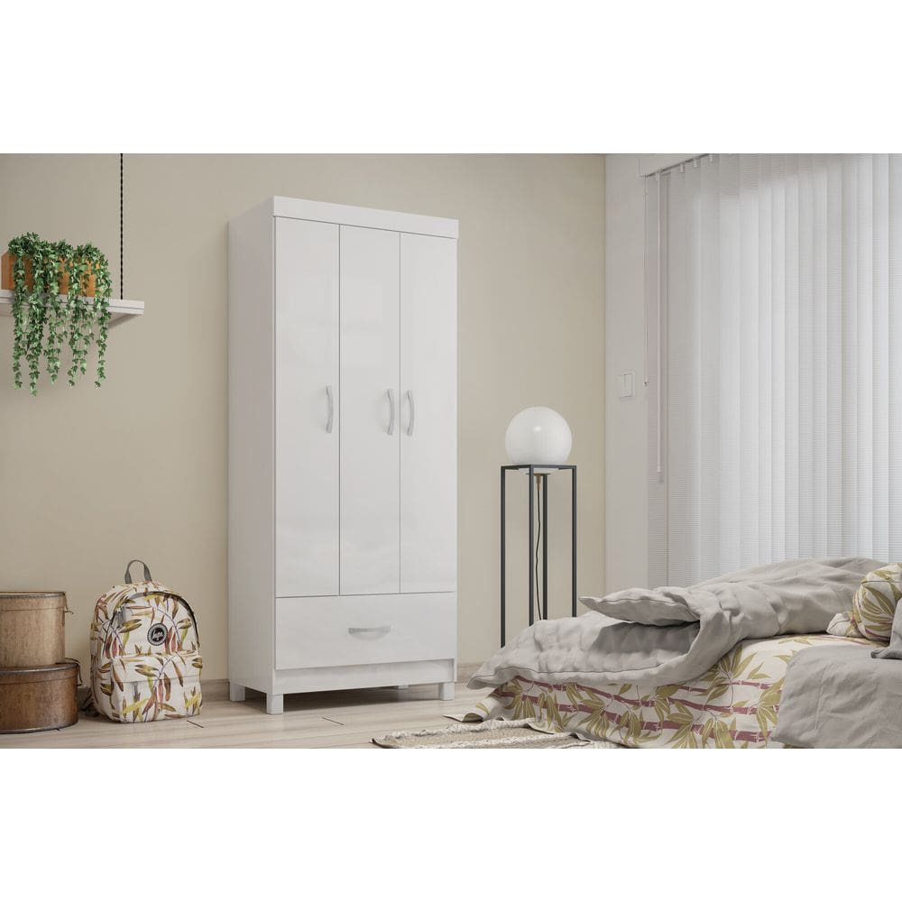 Guarda-Roupa Prince 3 Portas 1 Gaveta em MDP com Cabideiro Branco | Liberty Móveis