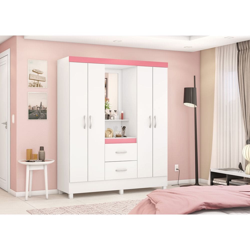 Guarda-Roupa Capelinha Lord 4 Portas com Espelho e Gavetas Branco/Rosa | 181cm | MDP