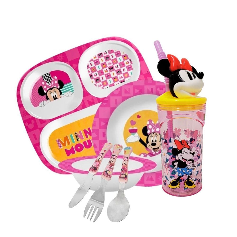 Kit Refeição Infantil Minnie 7 Peças Melamina, Copo 3D e Talheres Inox