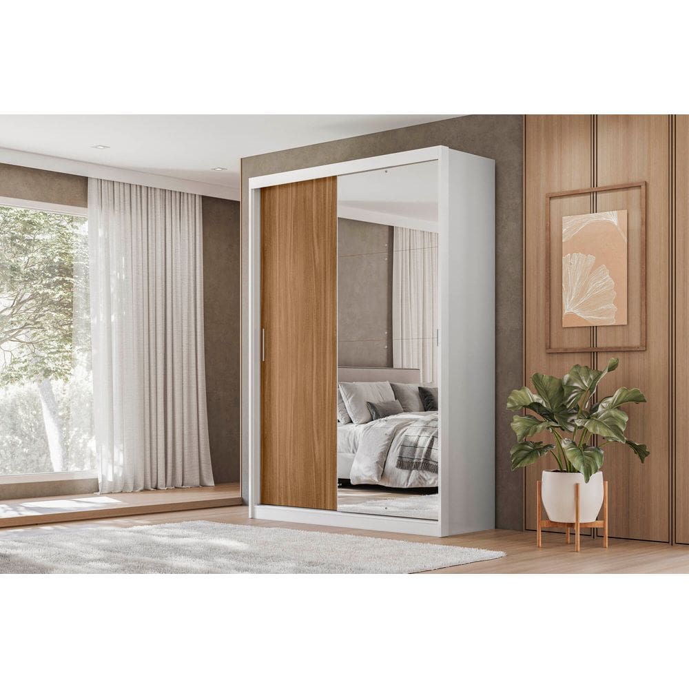 Guarda-Roupa Casal Riva Branco/Amêndola 2 Portas Deslizantes 4 Gavetas com Espelho | Liberty Móveis