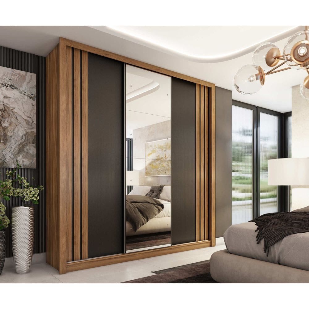 Guarda-Roupa Casal Moema 3 Portas Deslizantes com Espelho Amêndola Touch/Preto | MDP