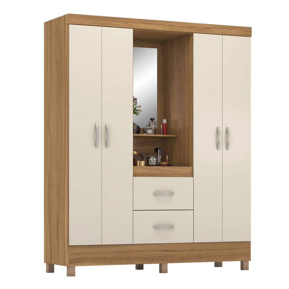 Guarda-Roupa Capelinha Lord 4 Portas com Espelho e Gavetas Amêndola Touch/Off White | 181cm | MDP