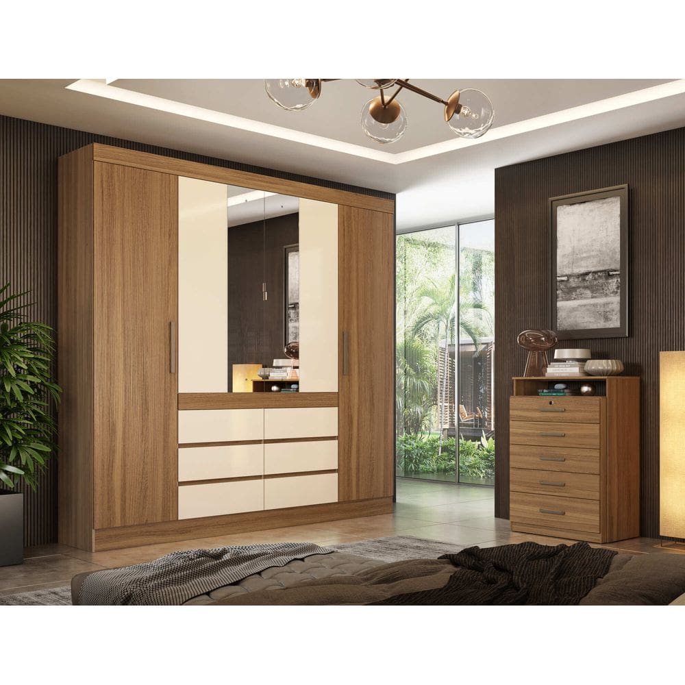 Guarda-Roupa Casal 4 Portas Cádis com Espelho 2 Gavetas Amêndola Touch/Off White | 217cm | MDP