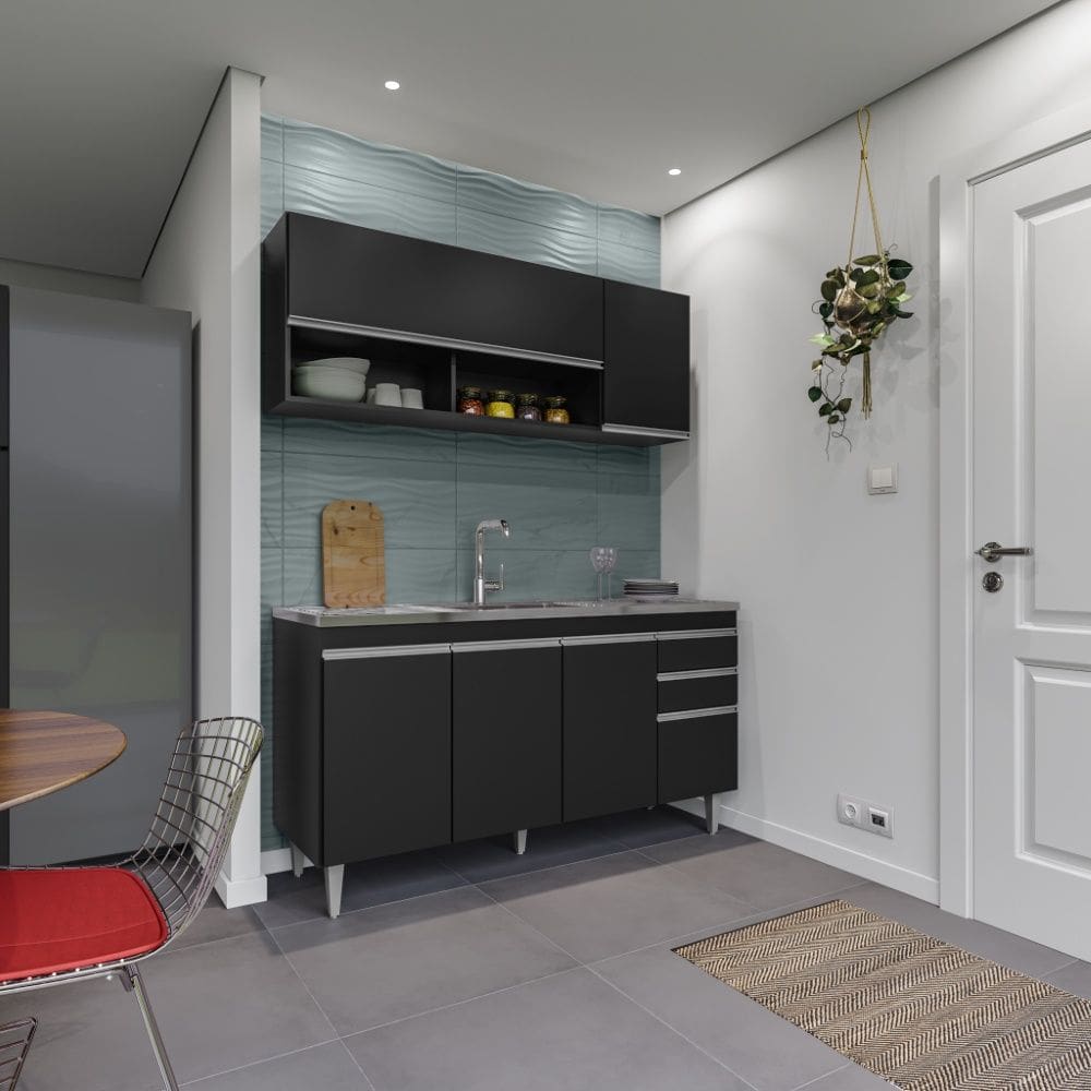 Cozinha Compacta Ayla 150cm 6 Portas 2 Gavetas Preto Maderatto Móveis