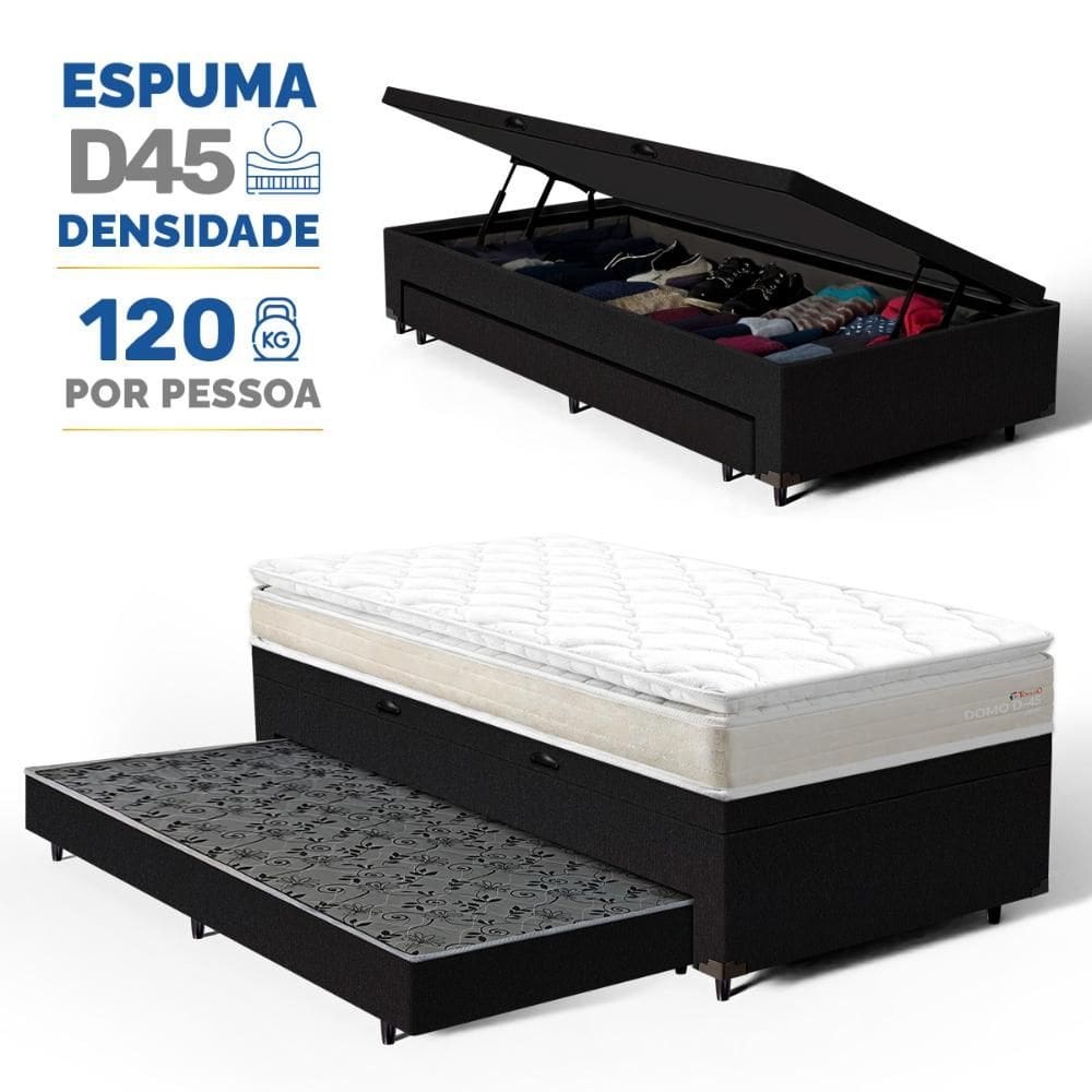 Cama Box Baú com Colchão de Espuma D45 Pillow Top Ortopédico Domo + Auxiliar Solteiro 88cm