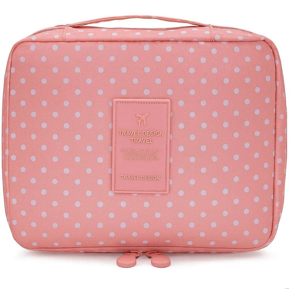 Bolsa Necessaire Maquiagem Rosa com Bolinhas Brancas