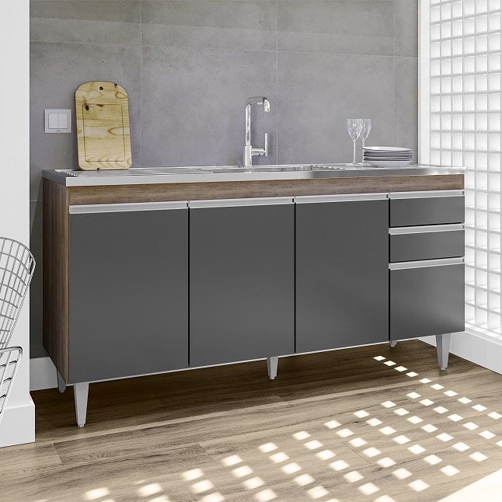 Balcão de Pia Lorena 160cm 4 Portas 2 Gavetas Freijó Grafite Maderatto Móveis