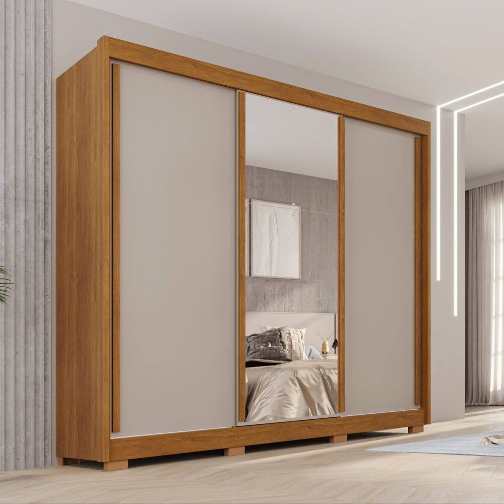 Guarda-roupa Casal com Pés e Espelho 3 Portas 4 Gavetas 100% Mdf Ipanema Cinamomo/Off-White