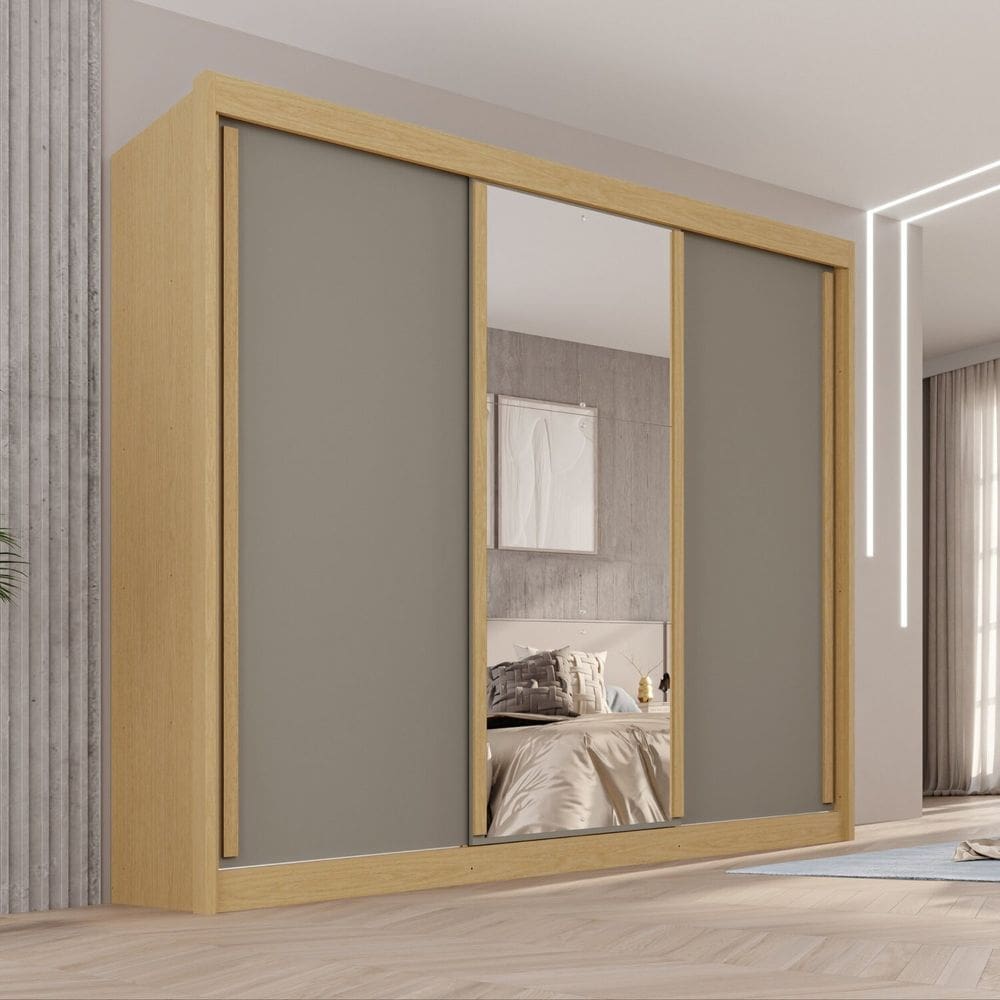 Guarda-roupa Casal com Espelho 3 Portas 4 Gavetas 100% Mdf Ipanema Jequitibá/Granizo