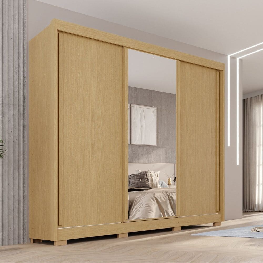 Guarda-roupa Casal com Pés e Espelho 3 Portas 4 Gavetas 100% Mdf Ipanema Jequitibá/ Bege