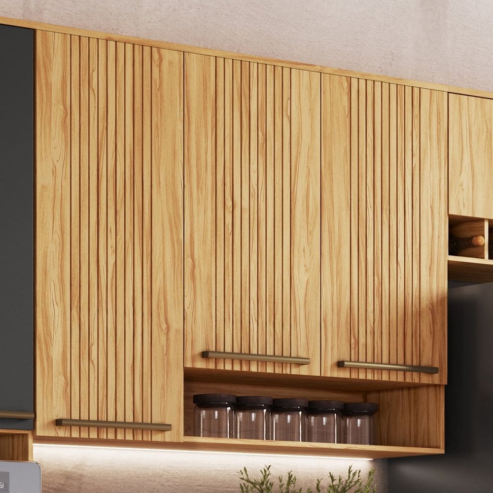 Armário Aéreo de Cozinha 120cm com 3 Portas Frisadas e Nicho 100% Mdf Itália Espresso Móveis Amendoa