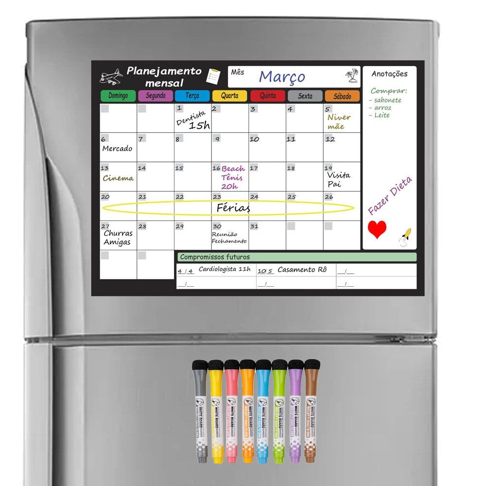 Quadro Planejamento Tarefas Mensal Magnético + 8 Canetas Cor