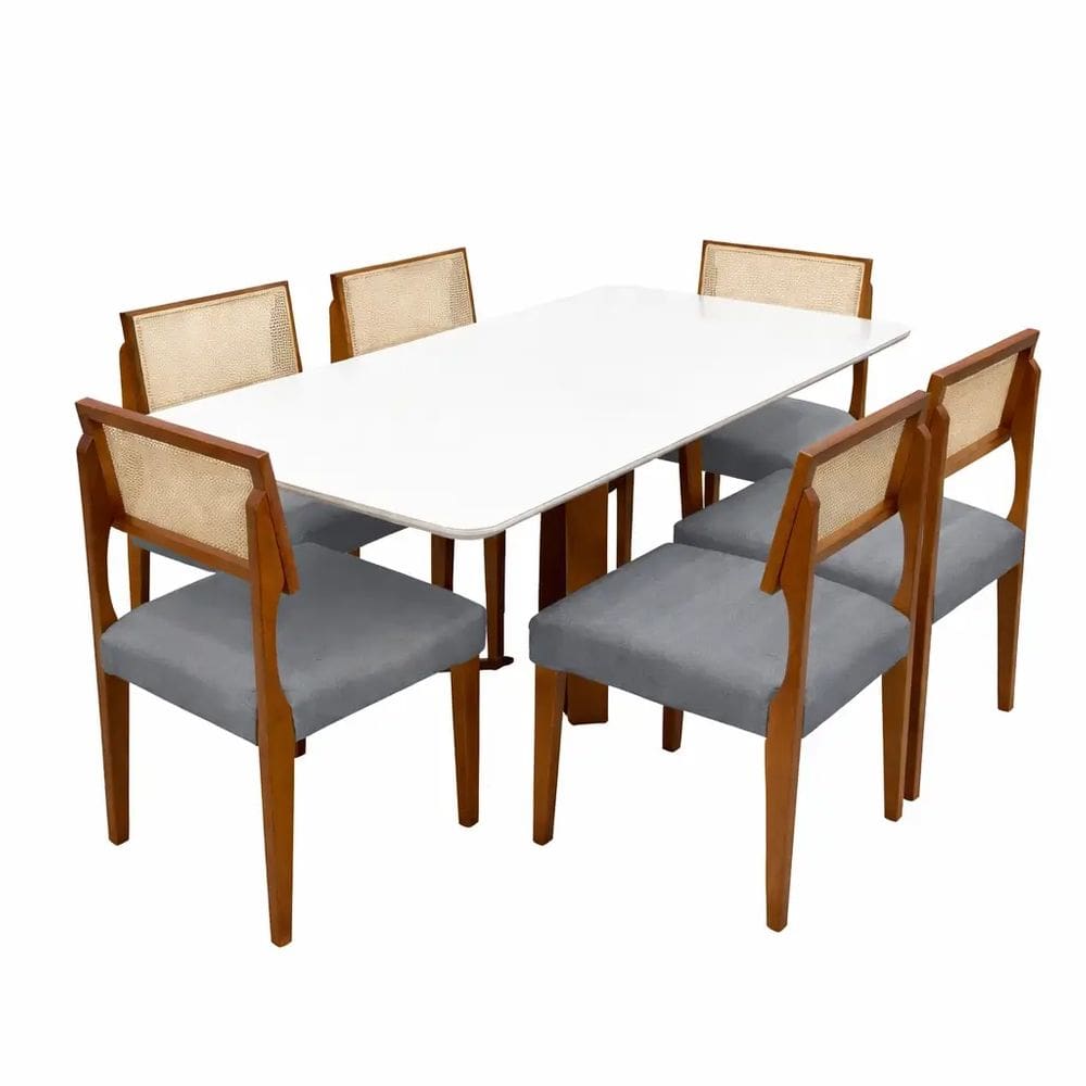 Mesa de Jantar Bali 160x90cm com Vidro e 6 Cadeiras Grecia em Linho Madeira Minas Plac Cor Cinamomo Off White com Tecido Cinza