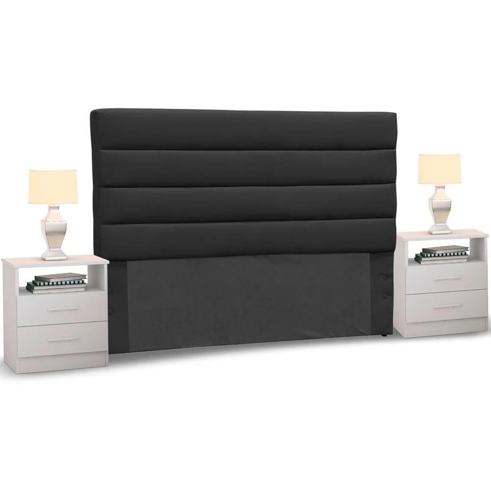 Cabeceira Cama Box Casal 140cm Greta Suede Preto e 2 Mesas de Cabeceira Flex Branco - Mpozenato