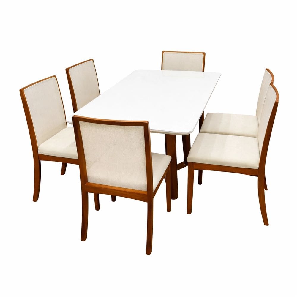 Conjunto Mesa de Jantar Bali 160x90cm com Vidro e 6 Cadeiras Lara em Linho Cinamomo/Off White Bege
