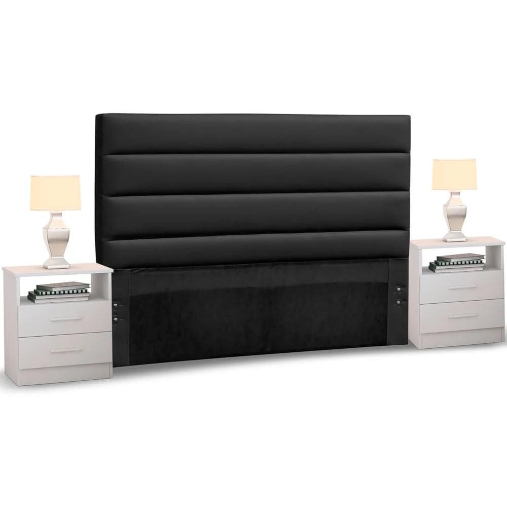Cabeceira Cama Box Casal 140cm Greta Corano Preto e 2 Mesas de Cabeceira Flex Branco - Mpozenato