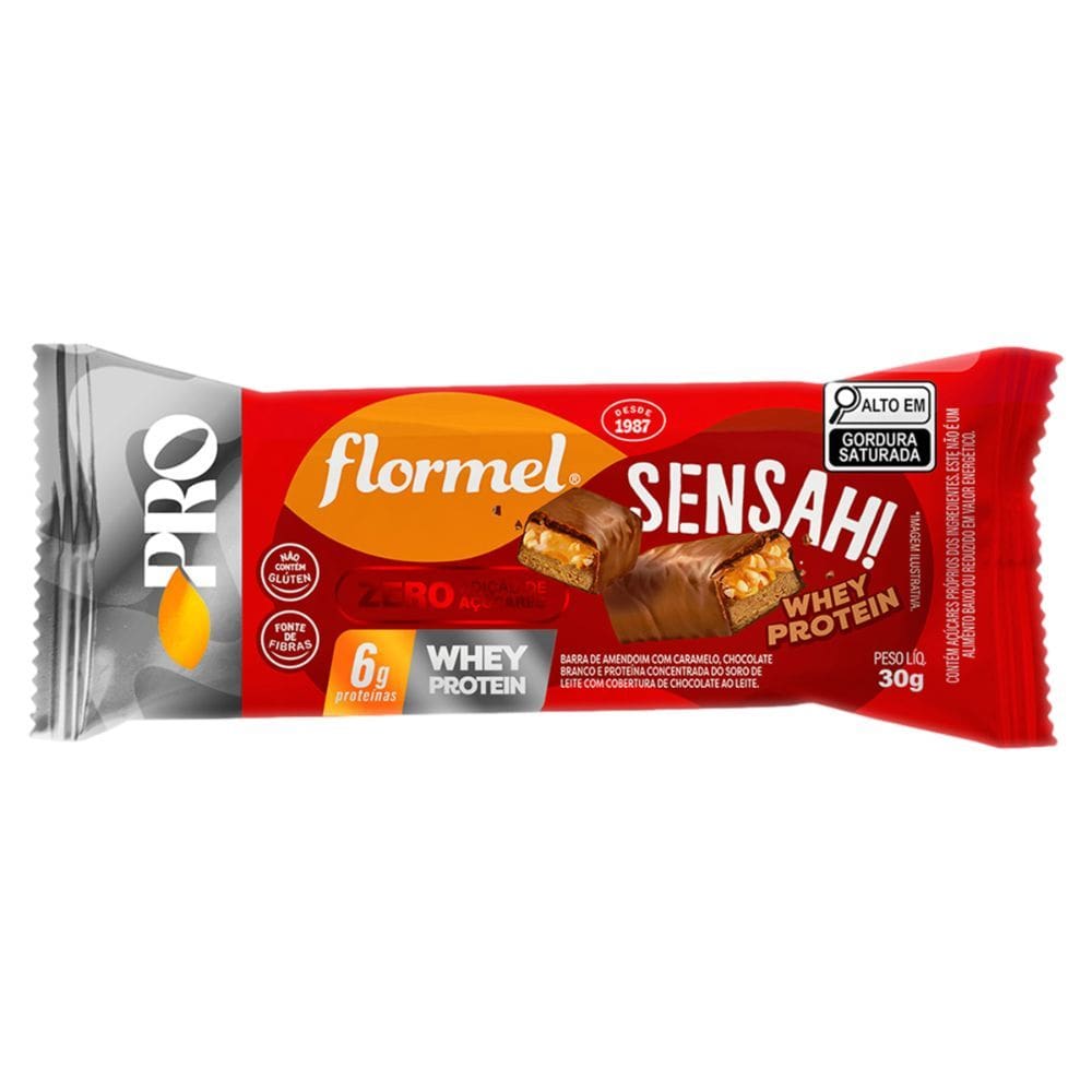 Barra de Amendoim Flormel Pro Sensah! Whey Protein 6g de Proteína Cobertura Chocolate ao Leite 30g