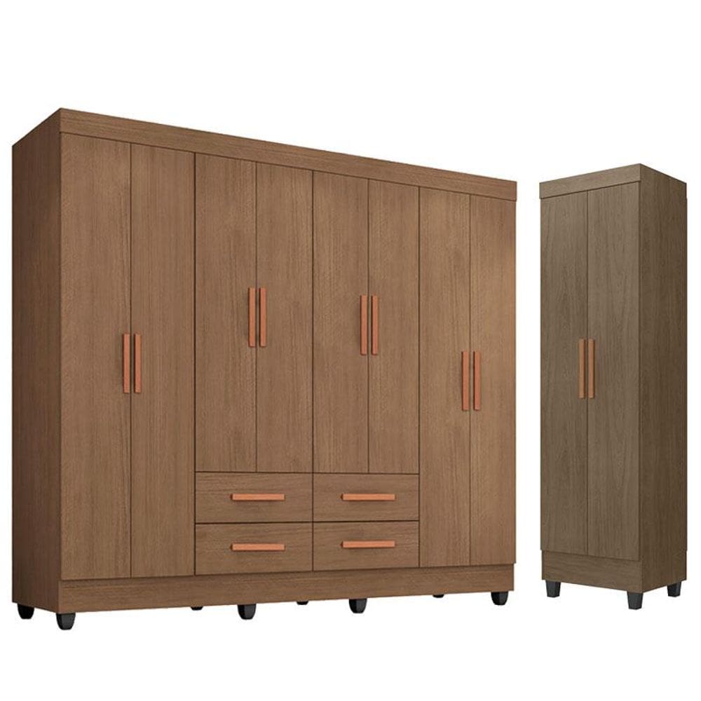 Guarda Roupa Casal Porto 8 Portas e Armário Multiuso Lite Carvalho Oak  - Móveis Leão