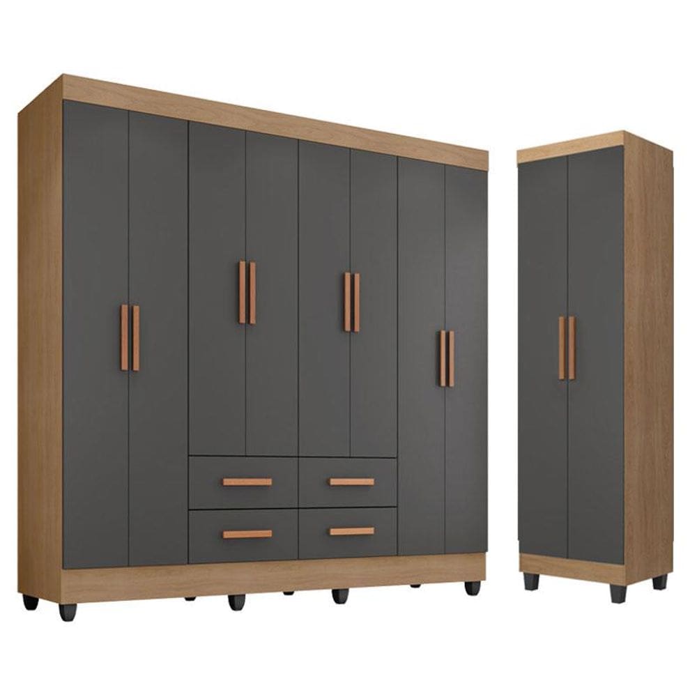 Guarda Roupa Casal Porto 8 Portas e Armário Multiuso Lite Nature Cinza - Móveis Leão
